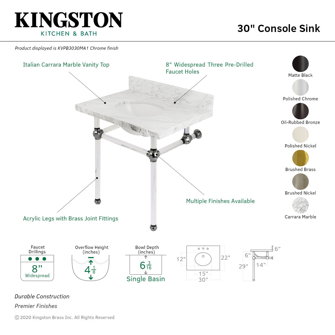 Fauceture KVPB3030MA5 30-Inch Marble Console Sink with Acrylic Feet, Carrara Marble/Oil Rubbed Bronze