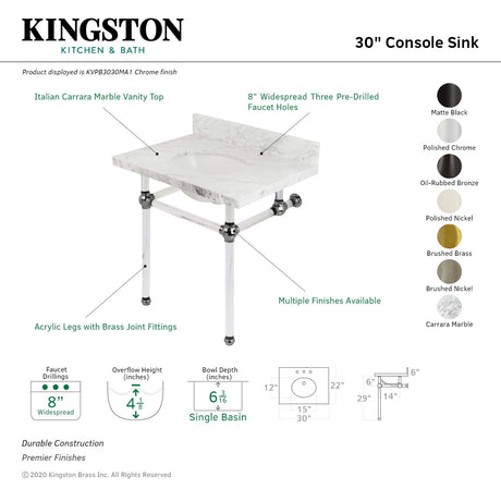 Fauceture KVPB3030MA5 30-Inch Marble Console Sink with Acrylic Feet, Carrara Marble/Oil Rubbed Bronze