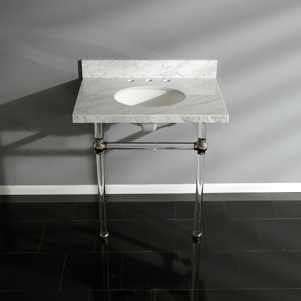 Fauceture KVPB3030MA6 30-Inch Marble Console Sink with Acrylic Feet, Carrara Marble/Polished Nickel