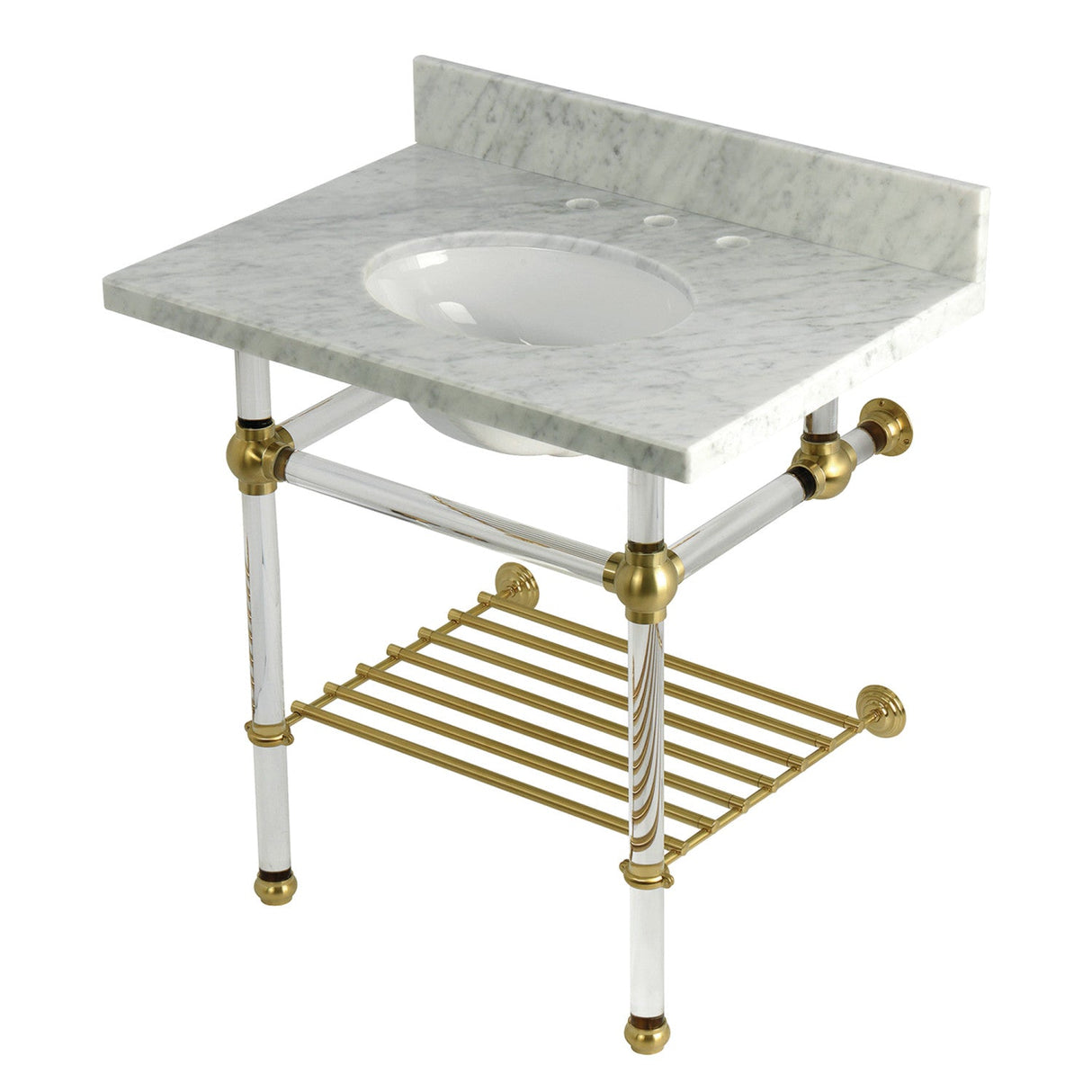 Templeton KVPB3030MAB7 30-Inch Console Sink with Acrylic Legs (8-Inch, 3 Hole), Carrara Marble/Brushed Brass