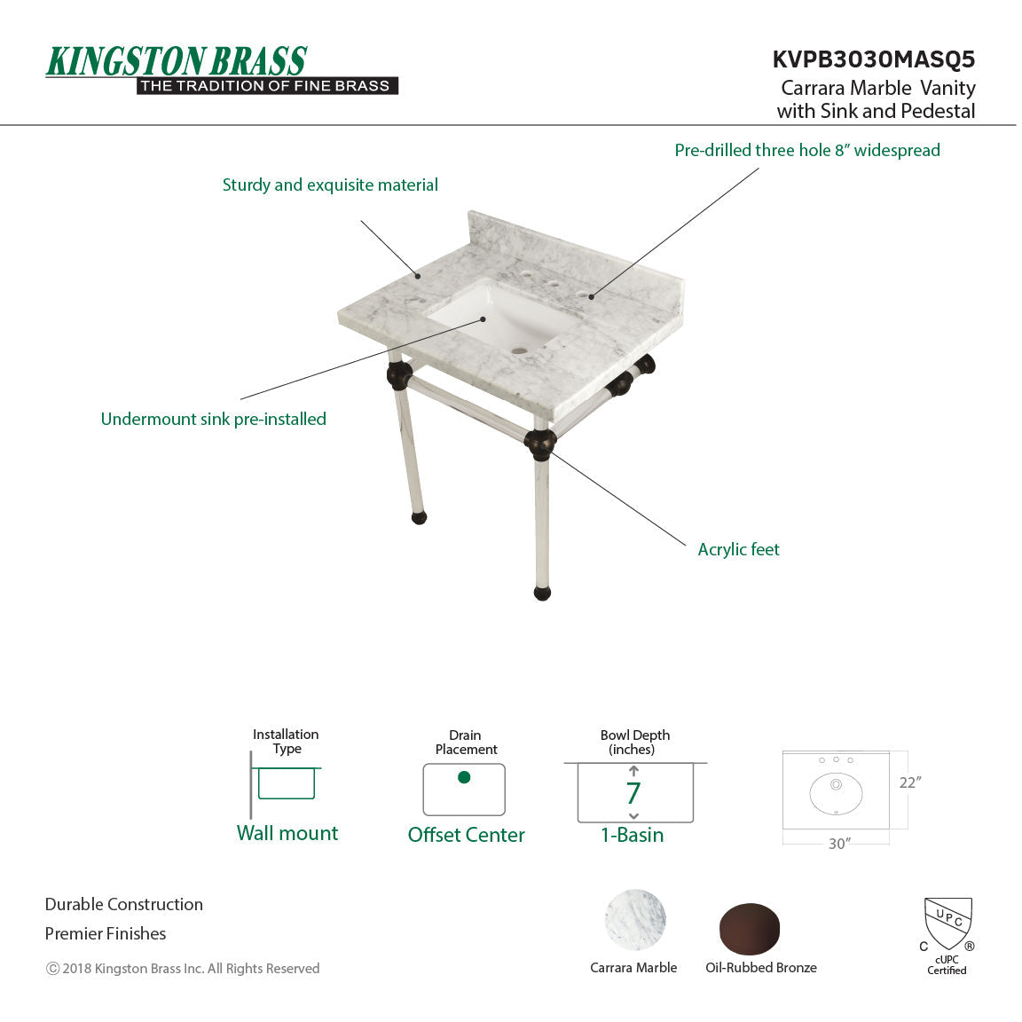 Fauceture KVPB3030MASQ5 30-Inch Marble Console Sink with Acrylic Feet, Carrara Marble/Oil Rubbed Bronze