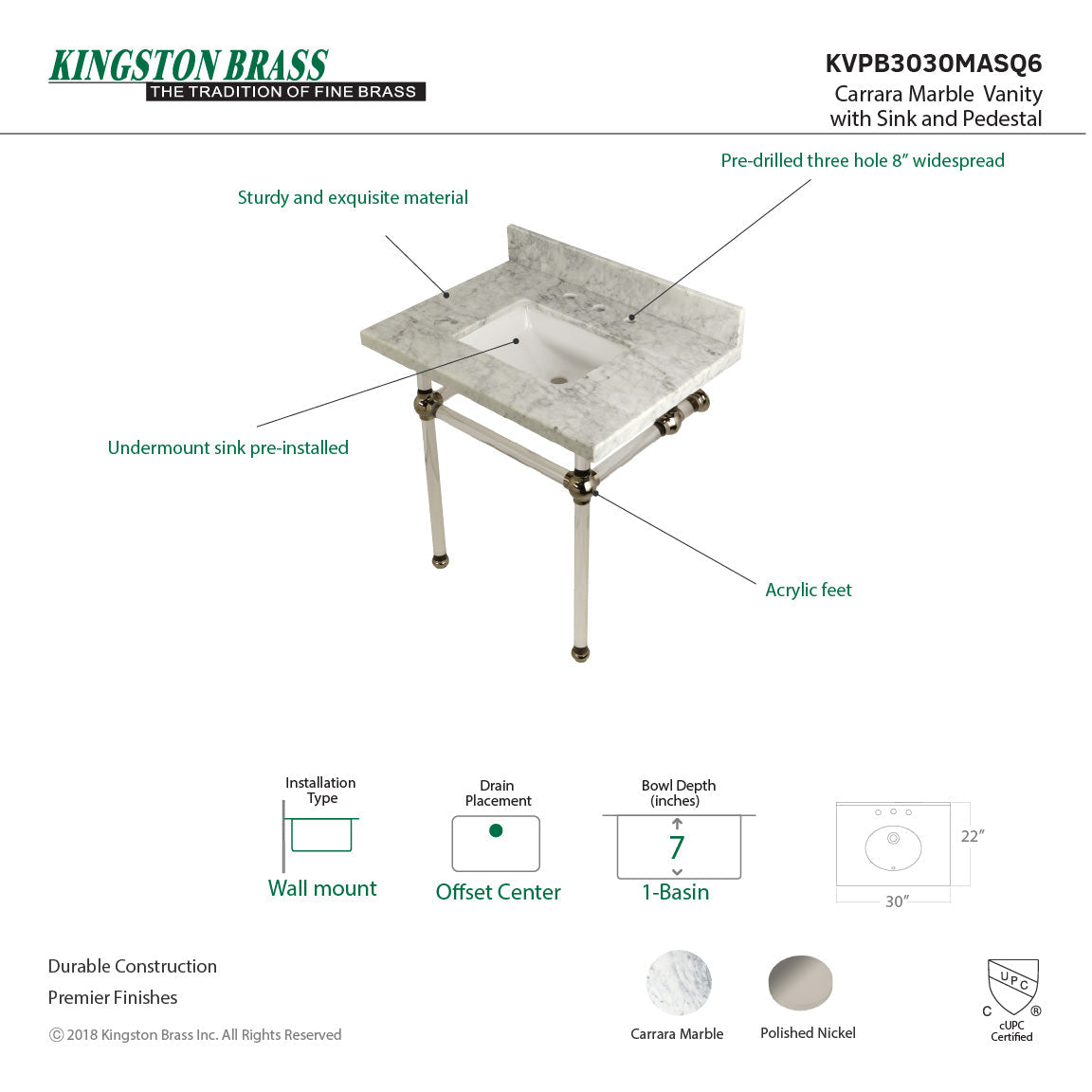 Fauceture KVPB3030MASQ6 30-Inch Marble Console Sink with Acrylic Feet, Carrara Marble/Polished Nickel