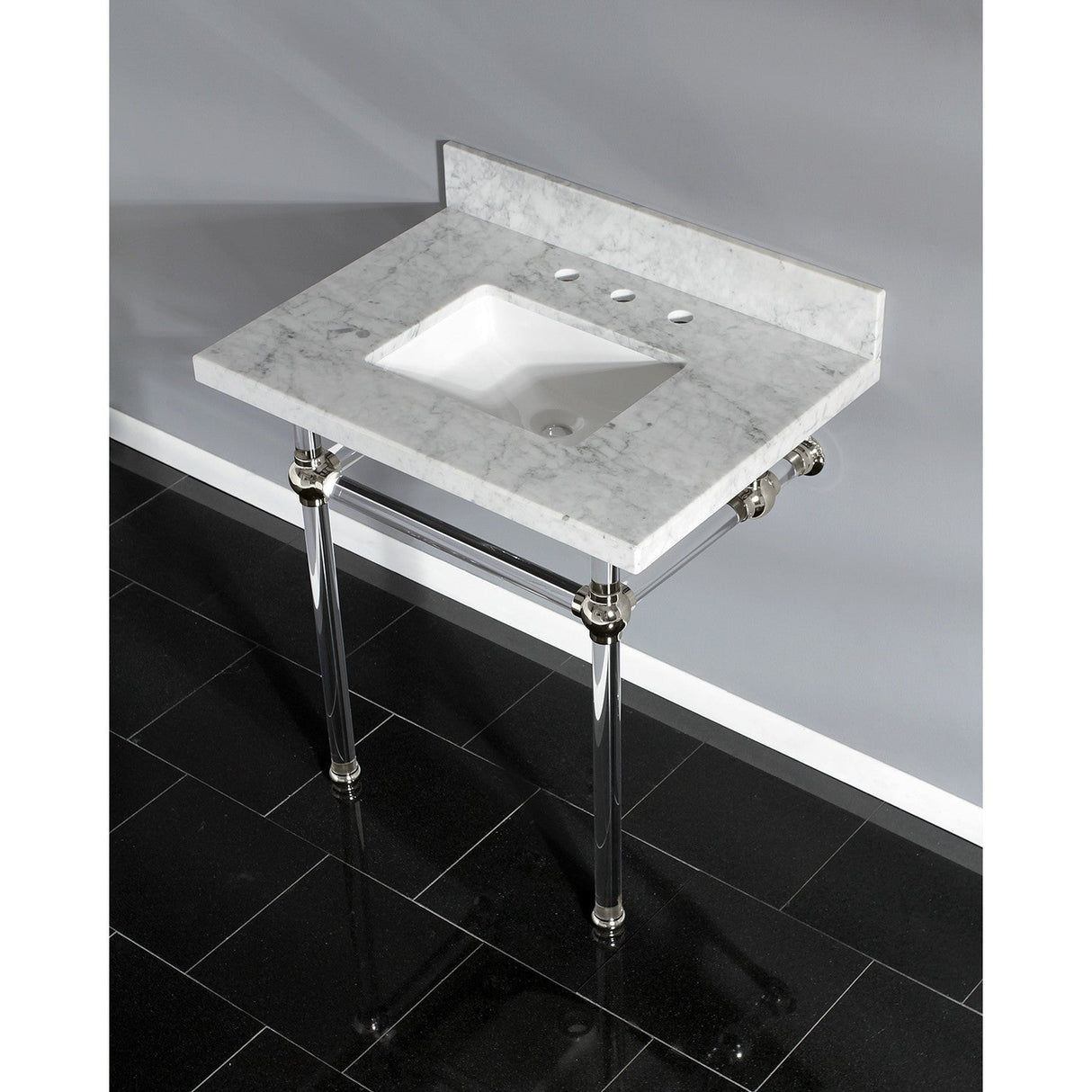 Fauceture KVPB3030MASQ6 30-Inch Marble Console Sink with Acrylic Feet, Carrara Marble/Polished Nickel
