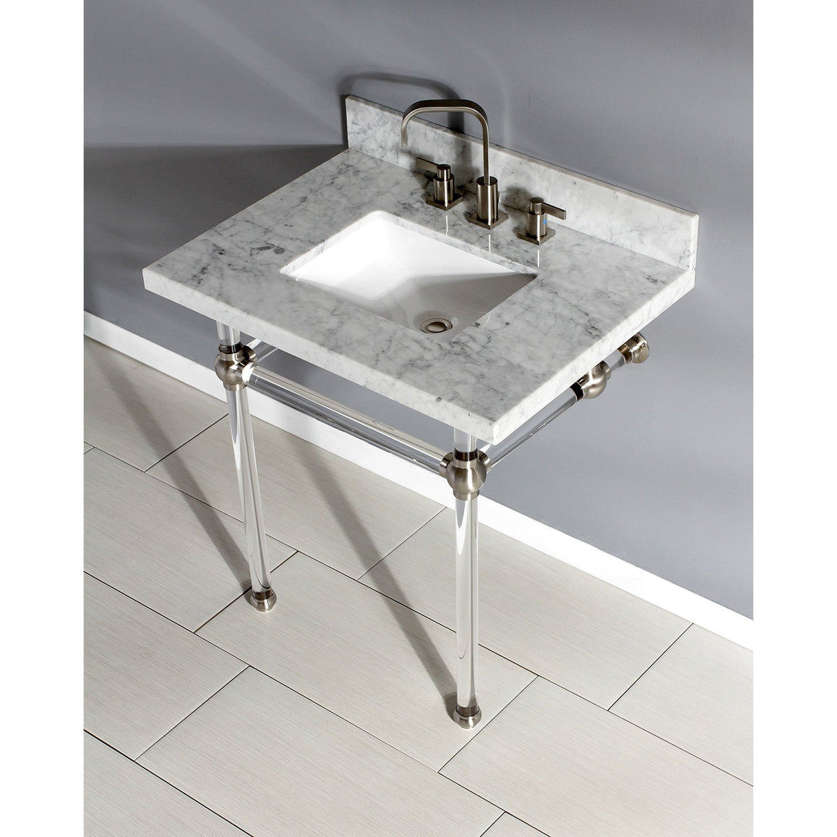 Fauceture KVPB3030MASQ8 30-Inch Marble Console Sink with Acrylic Feet, Carrara Marble/Brushed Nickel