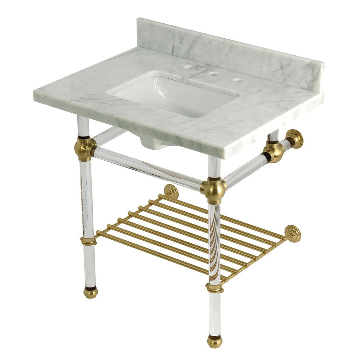 Templeton KVPB3030MASQB7 30-Inch Console Sink with Acrylic Legs (8-Inch, 3 Hole), Carrara Marble/Brushed Brass