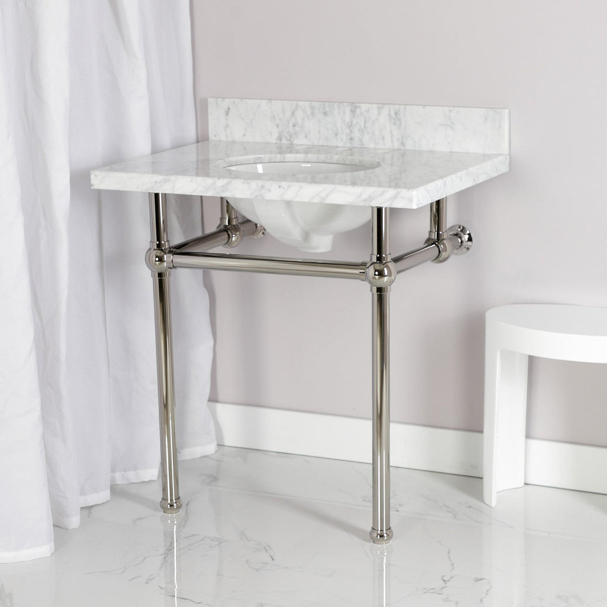 Fauceture KVPB3030MB6 30-Inch Marble Console Sink with Brass Feet, Carrara Marble/Polished Nickel
