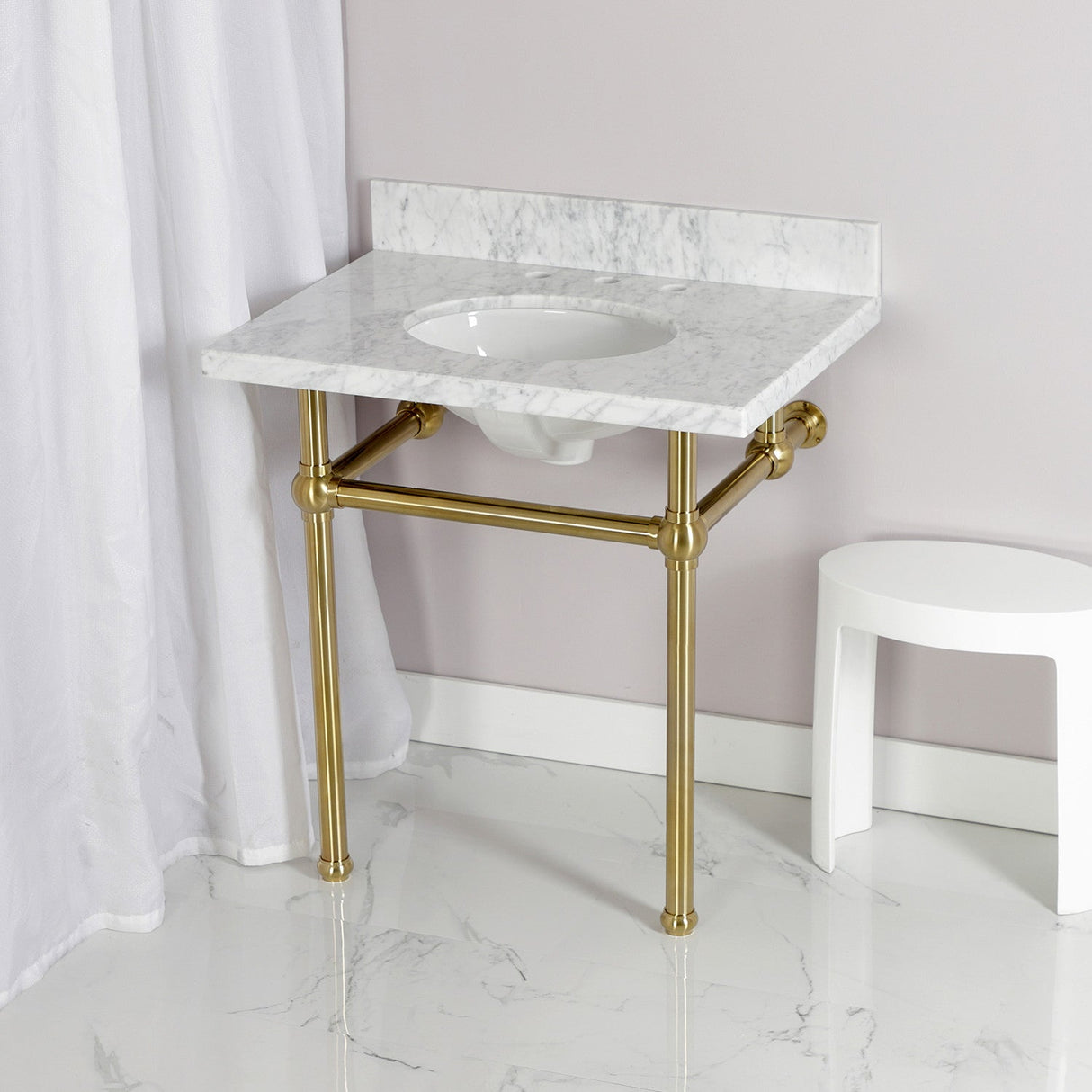 Fauceture KVPB3030MB7 30-Inch Marble Console Sink with Brass Feet, Carrara Marble/Brushed Brass