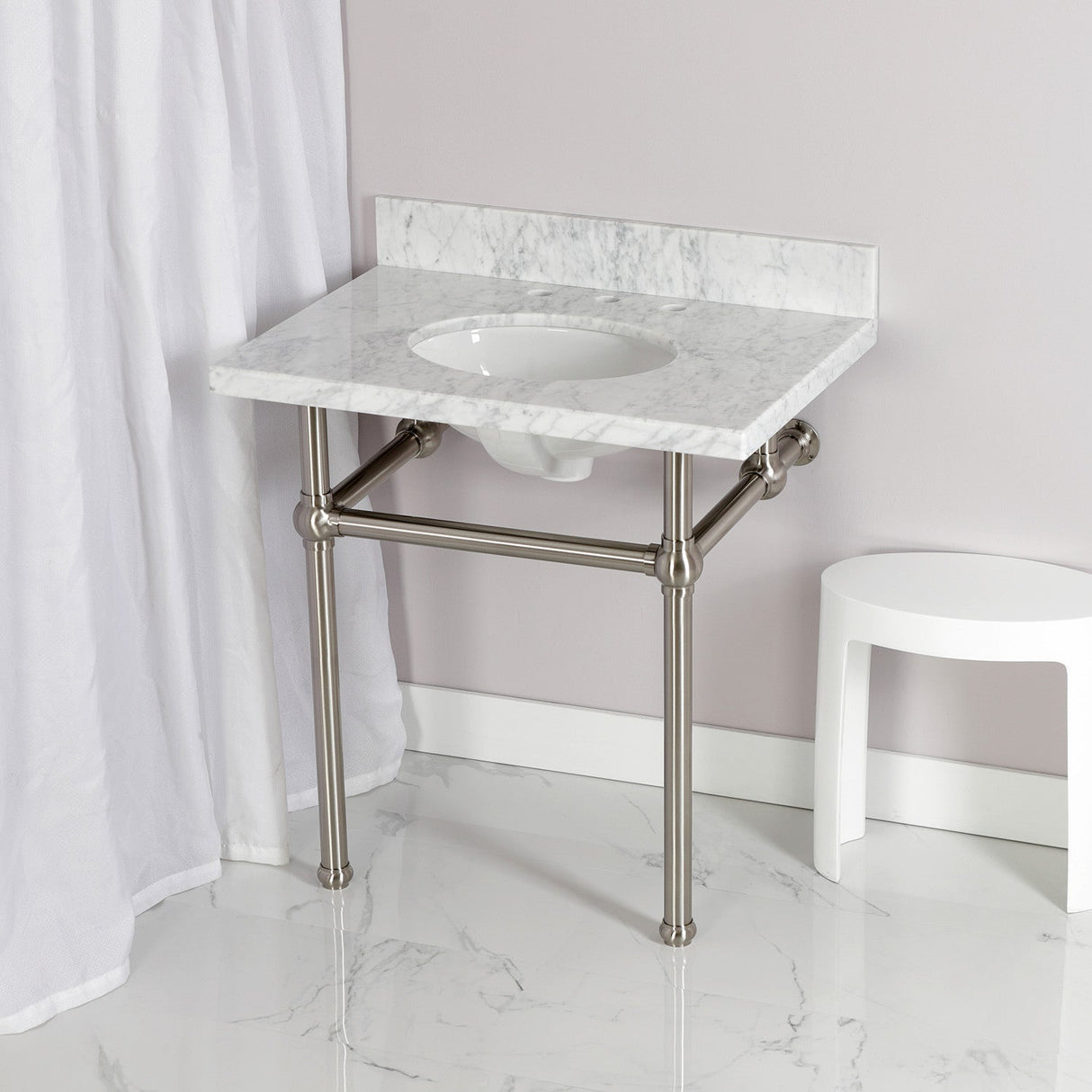 Fauceture KVPB3030MB8 30-Inch Marble Console Sink with Brass Feet, Carrara Marble/Brushed Nickel