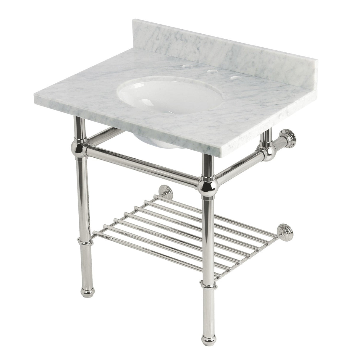 Templeton KVPB3030MBB6 30-Inch Console Sink with Brass Legs (8-Inch, 3 Hole), Carrara Marble/Polished Nickel