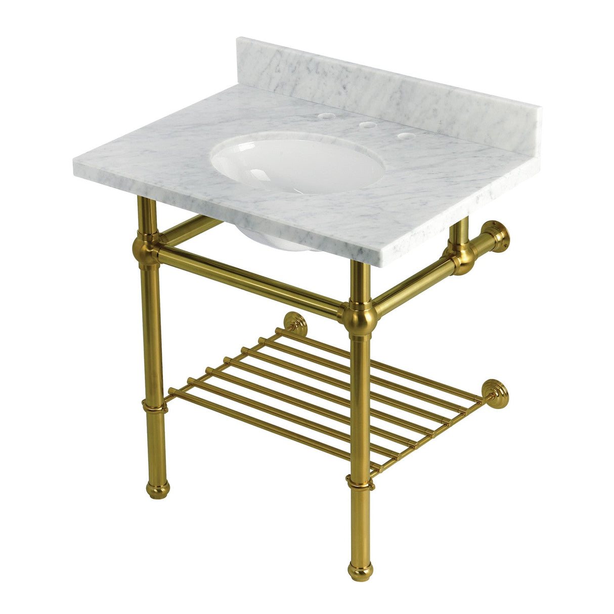 Templeton KVPB3030MBB7 30-Inch Console Sink with Brass Legs (8-Inch, 3 Hole), Carrara Marble/Brushed Brass