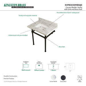 Fauceture KVPB3030MBSQ0 30-Inch Marble Console Sink with Brass Feet, Carrara Marble/Matte Black