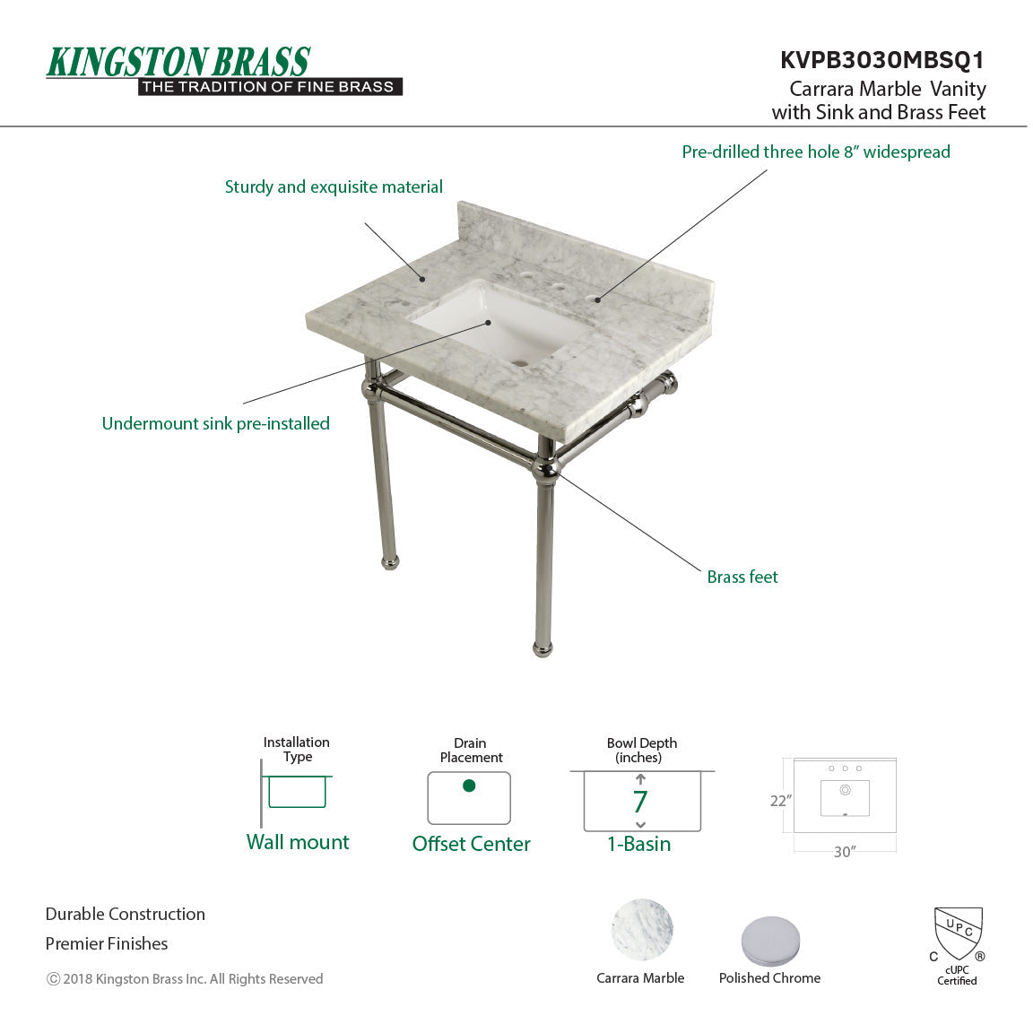 Fauceture KVPB3030MBSQ1 30-Inch Marble Console Sink with Brass Feet, Carrara Marble/Polished Chrome