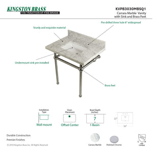 Fauceture KVPB3030MBSQ1 30-Inch Marble Console Sink with Brass Feet, Carrara Marble/Polished Chrome