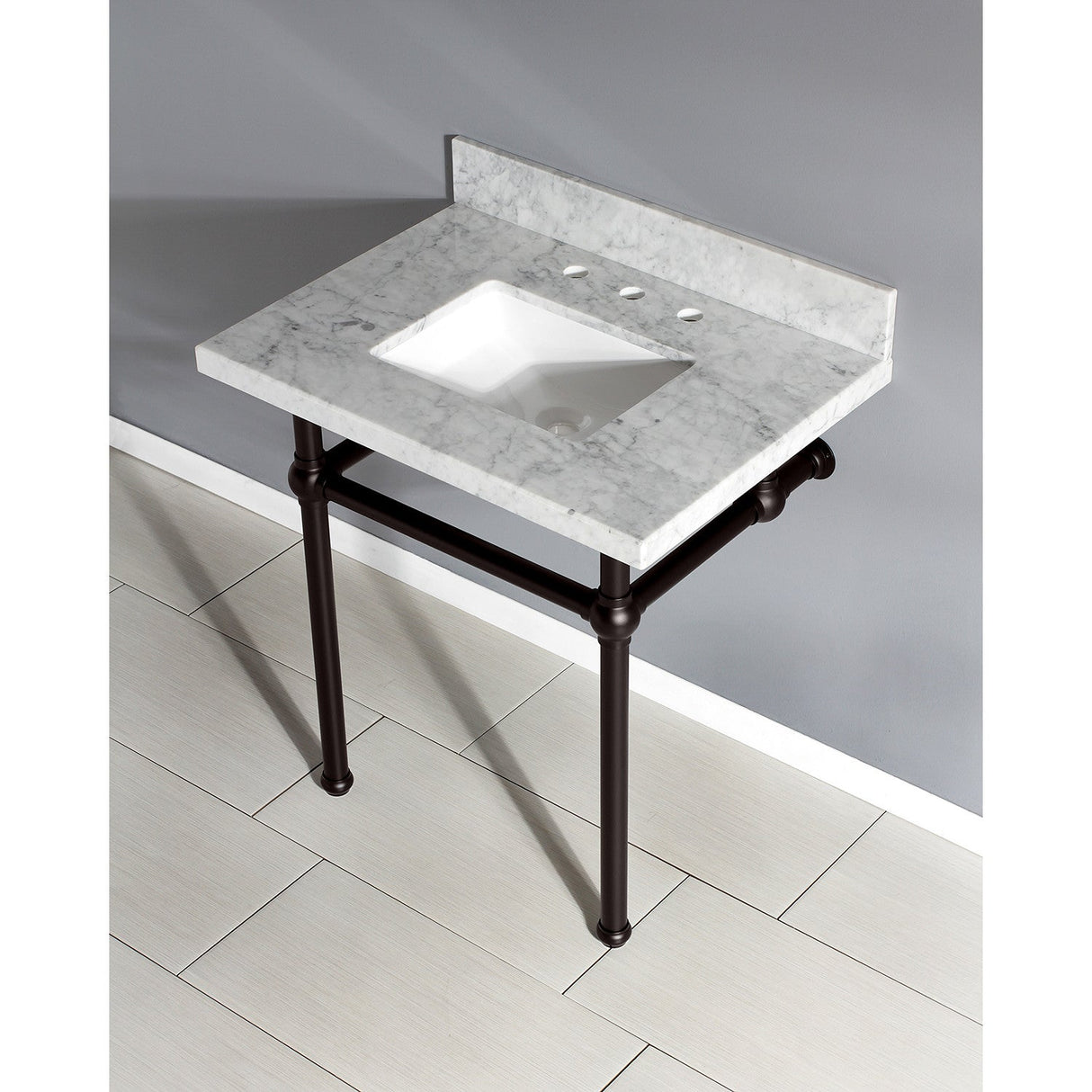 Fauceture KVPB3030MBSQ5 30-Inch Marble Console Sink with Brass Feet, Carrara Marble/Oil Rubbed Bronze