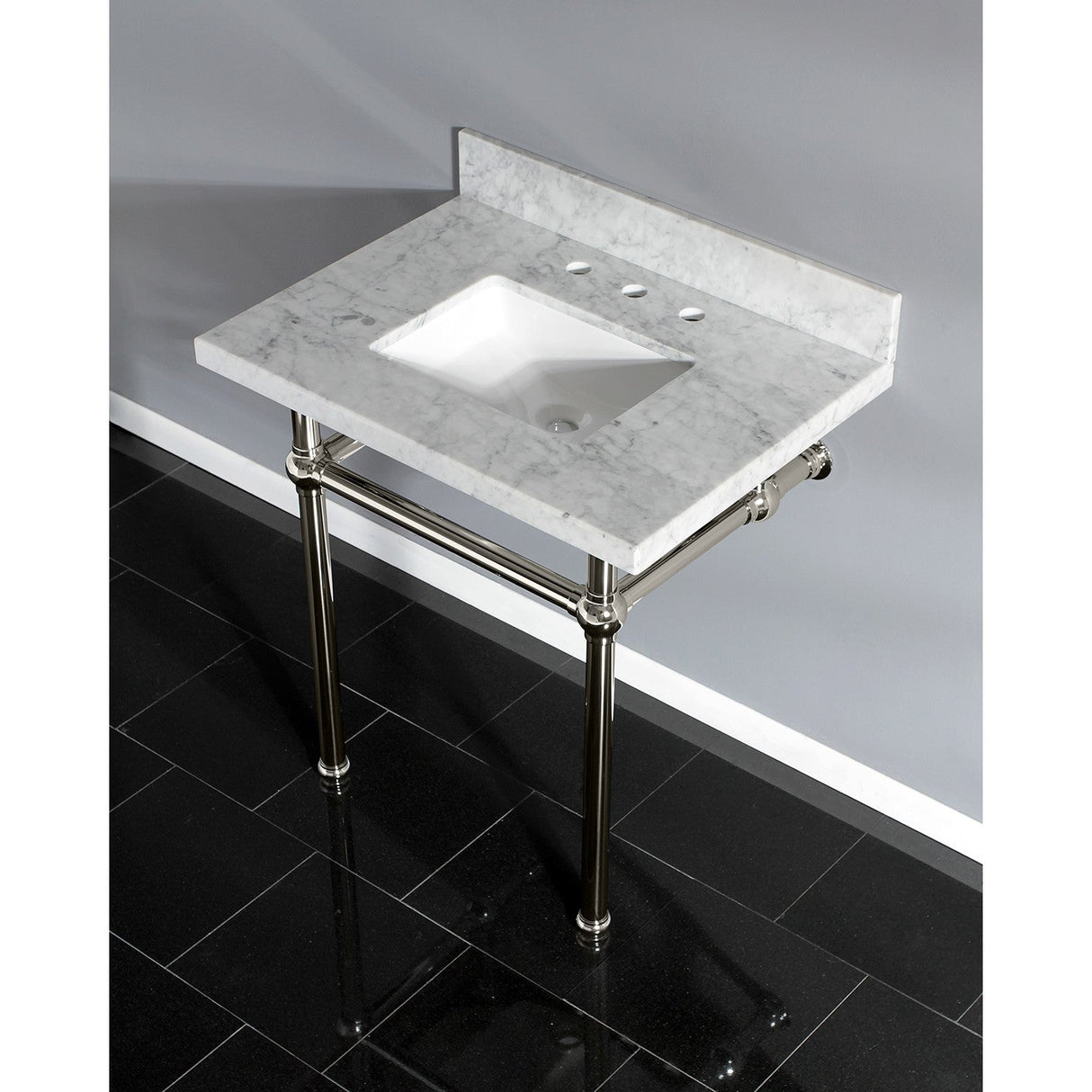 Fauceture KVPB3030MBSQ6 30-Inch Marble Console Sink with Brass Feet, Carrara Marble/Polished Nickel