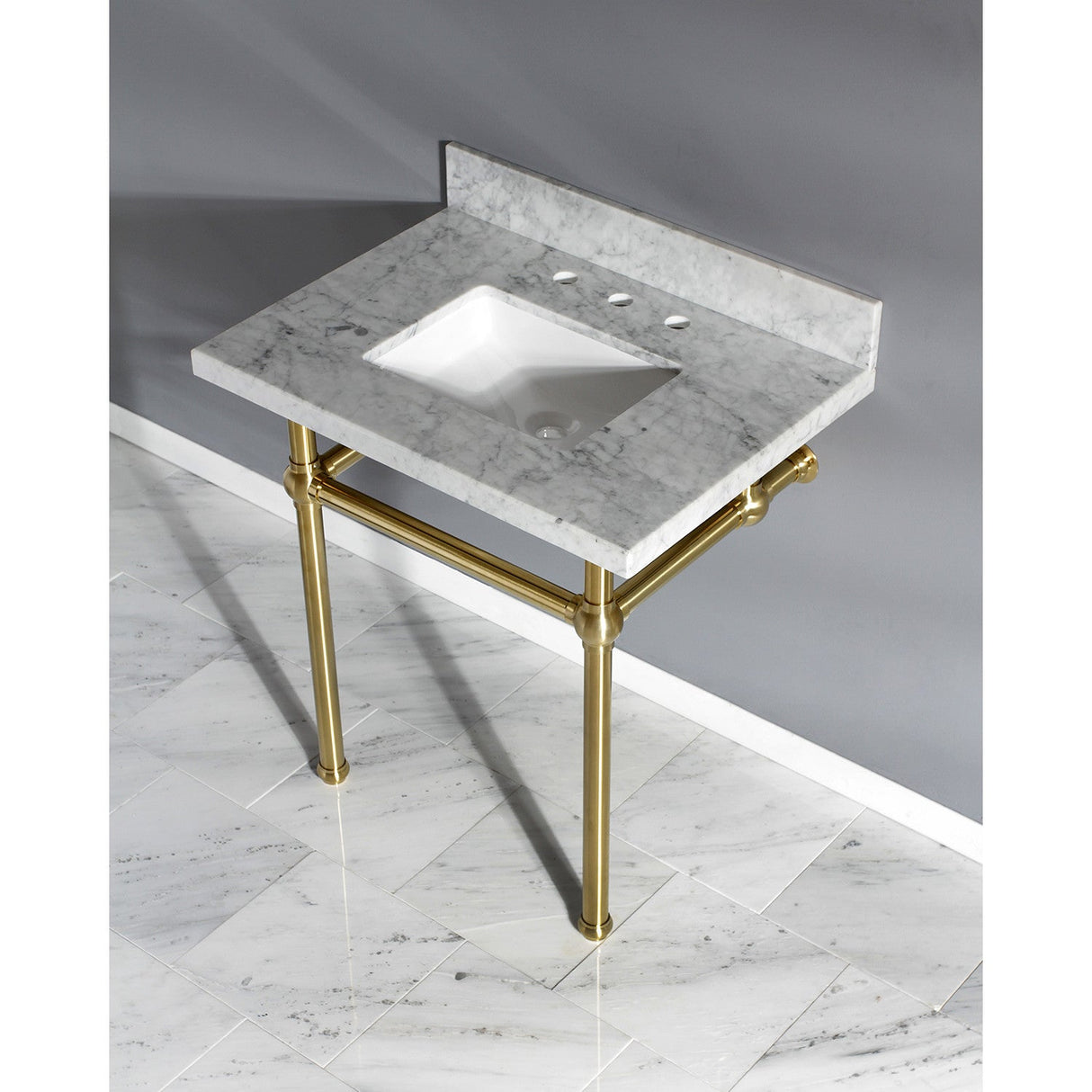 Fauceture KVPB3030MBSQ7 30-Inch Marble Console Sink with Brass Feet, Carrara Marble/Brushed Brass