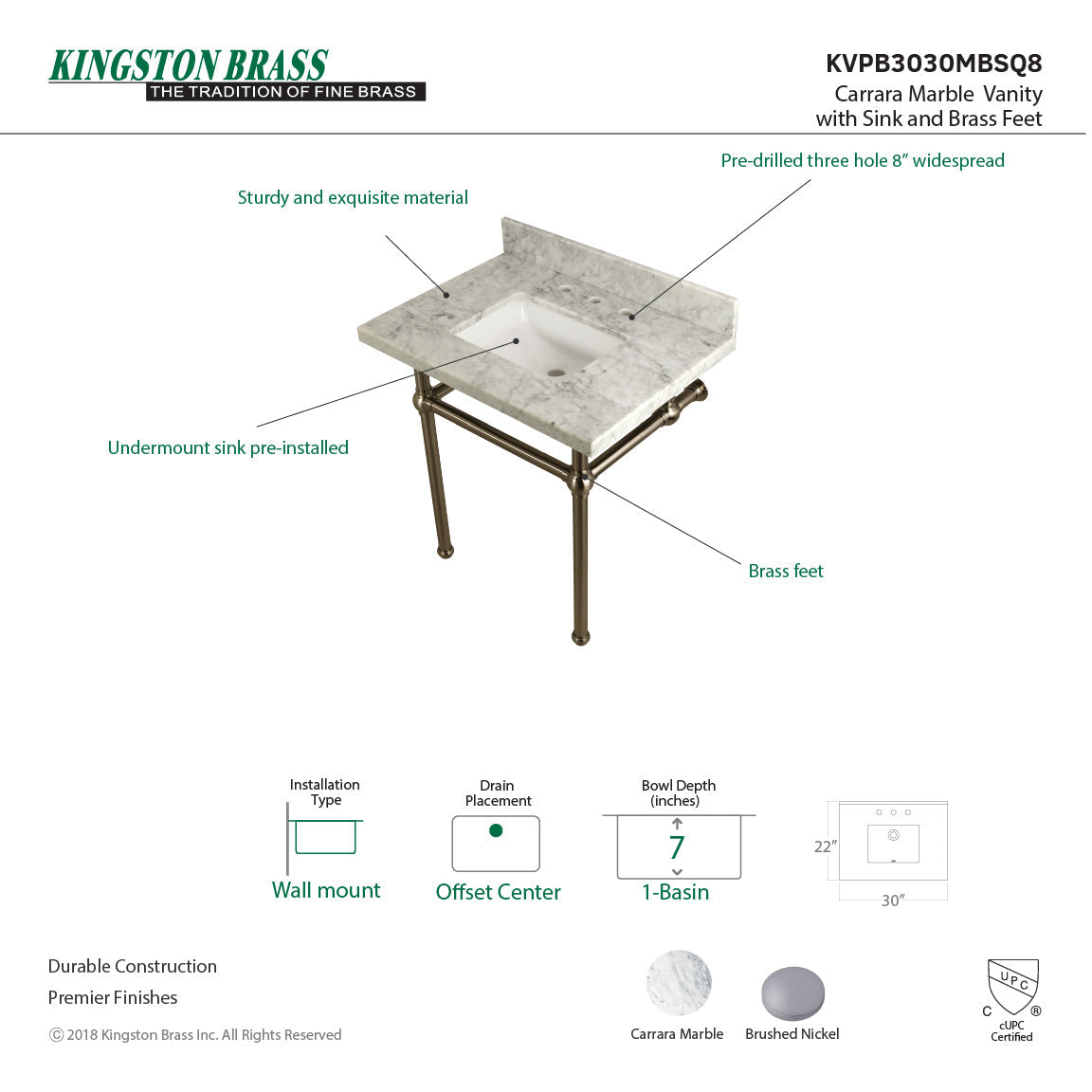 Fauceture KVPB3030MBSQ8 30-Inch Marble Console Sink with Brass Feet, Carrara Marble/Brushed Nickel