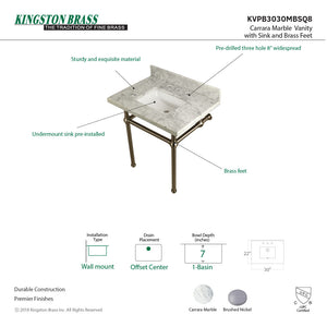 Fauceture KVPB3030MBSQ8 30-Inch Marble Console Sink with Brass Feet, Carrara Marble/Brushed Nickel