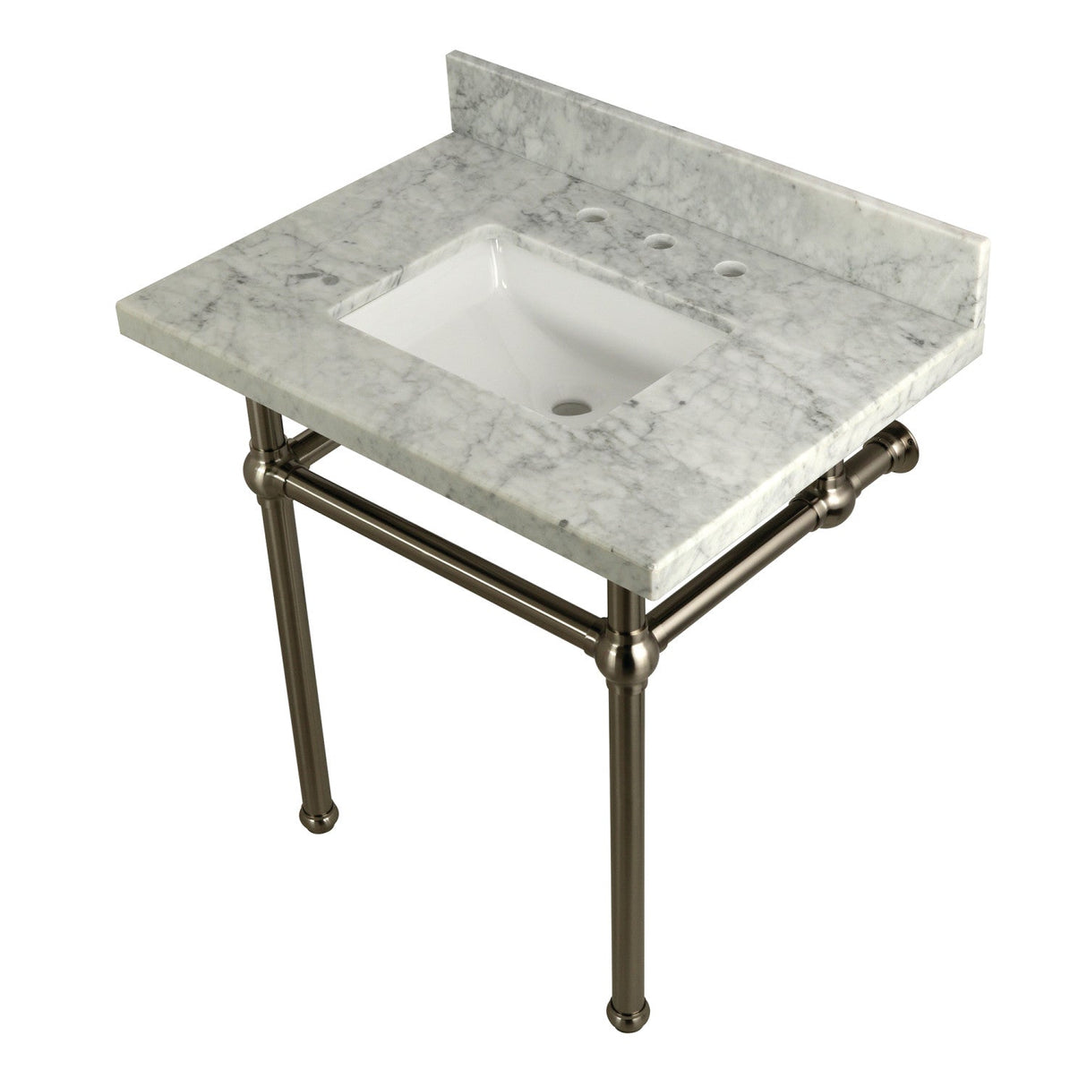 Fauceture KVPB3030MBSQ8 30-Inch Marble Console Sink with Brass Feet, Carrara Marble/Brushed Nickel