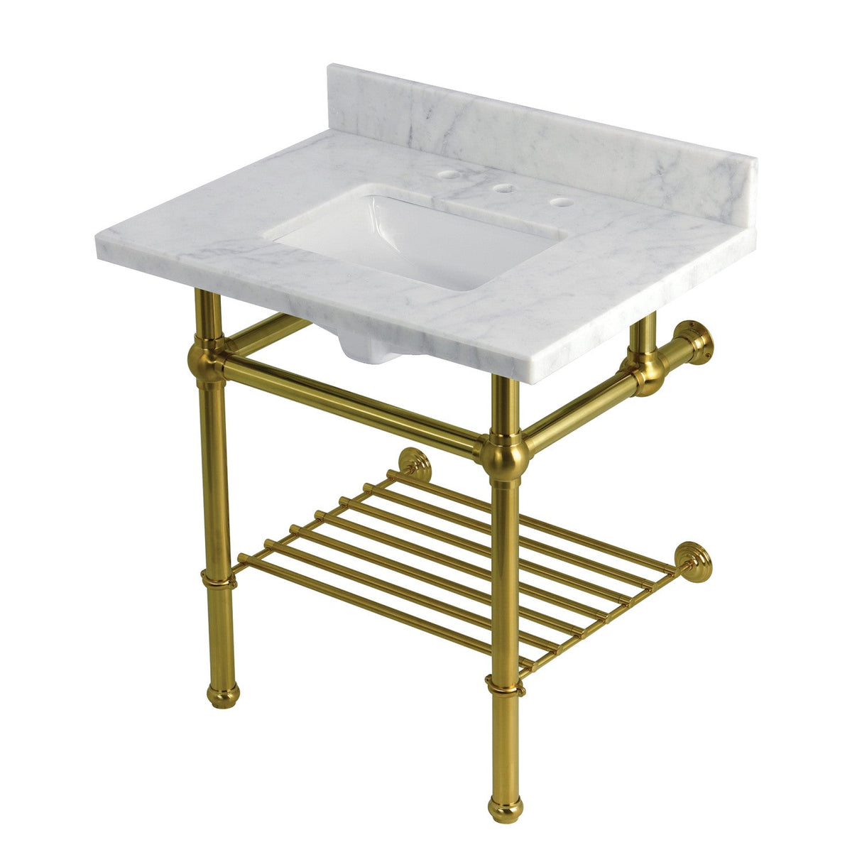 Templeton KVPB3030MBSQB7 30-Inch Console Sink with Brass Legs (8-Inch, 3 Hole), Carrara Marble/Brushed Brass