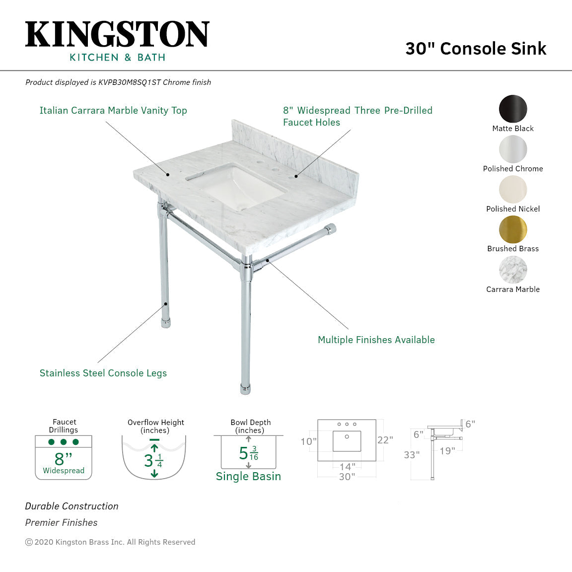 Dreyfuss KVPB30M8SQ1ST Console Sink, Marble White/Polished Chrome