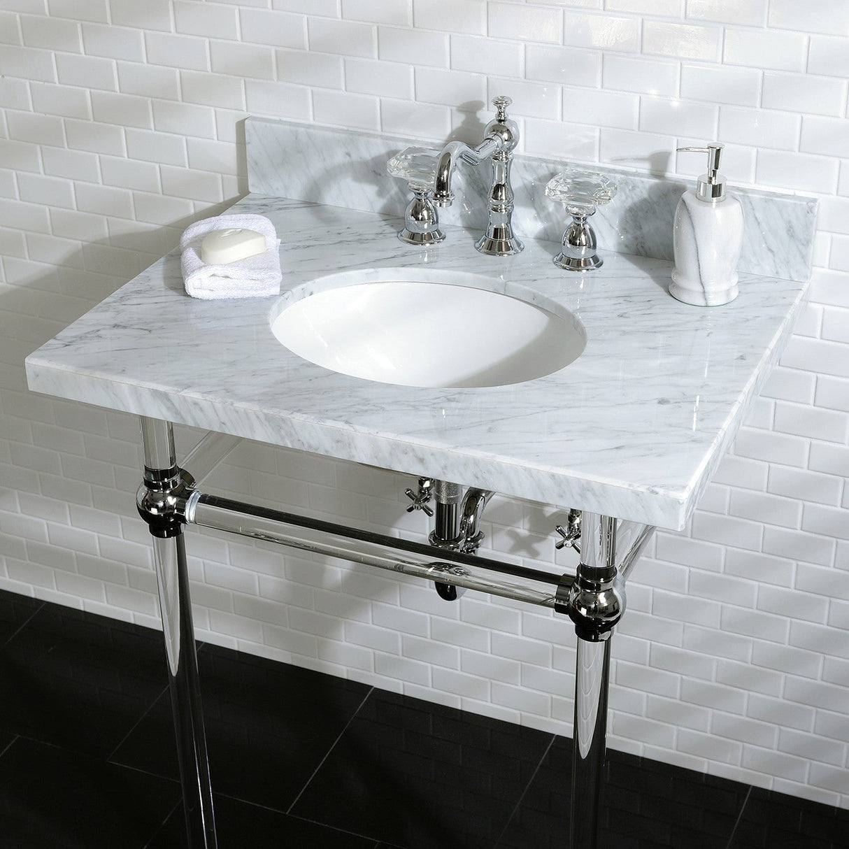 Fauceture KVPB30MA1 30-Inch Marble Console Sink with Acrylic Feet, Carrara Marble/Polished Chrome