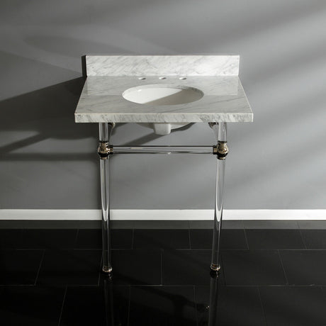 Fauceture KVPB30MA6 30-Inch Marble Console Sink with Acrylic Feet, Carrara Marble/Polished Nickel