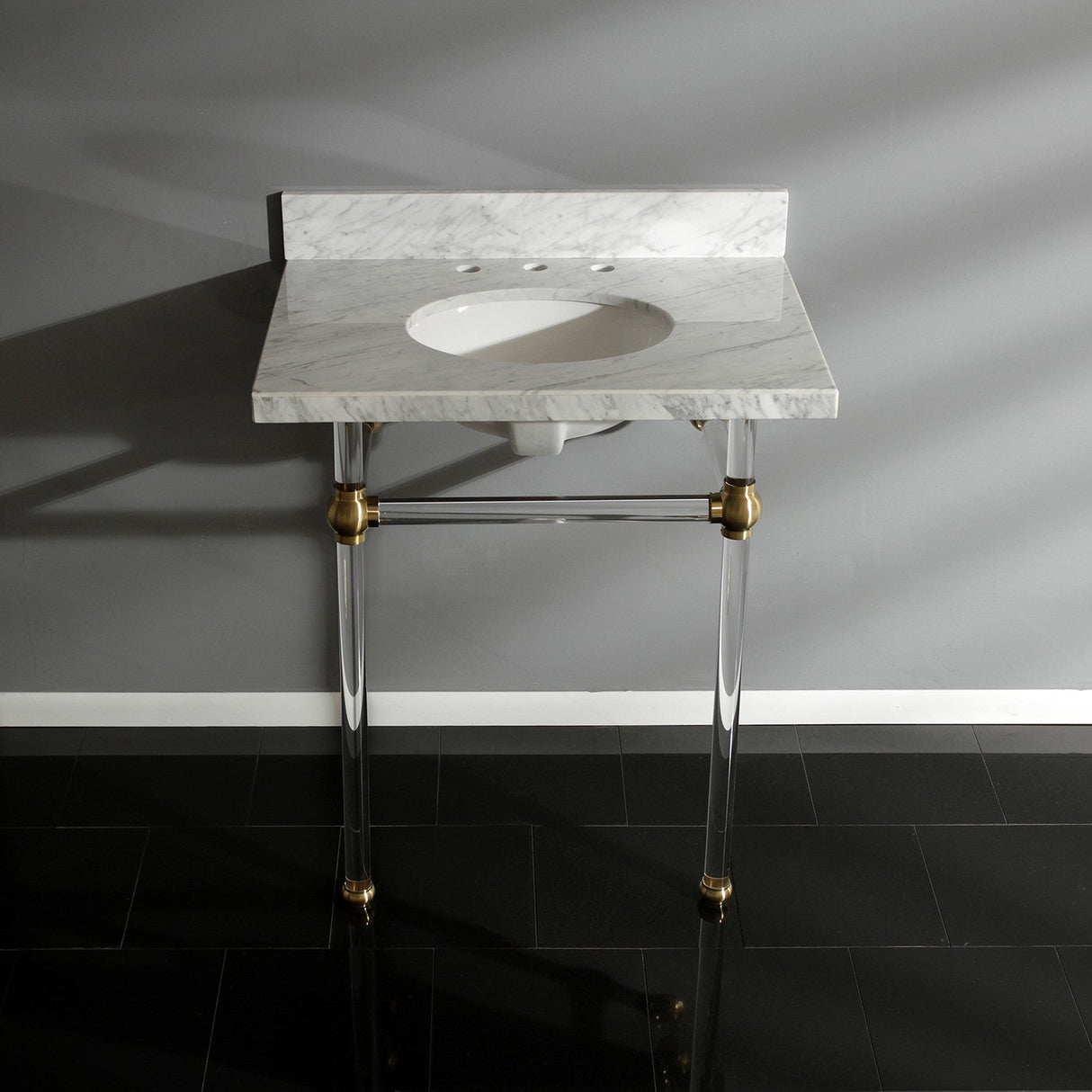 Fauceture KVPB30MA7 30-Inch Marble Console Sink with Acrylic Feet, Carrara Marble/Brushed Brass