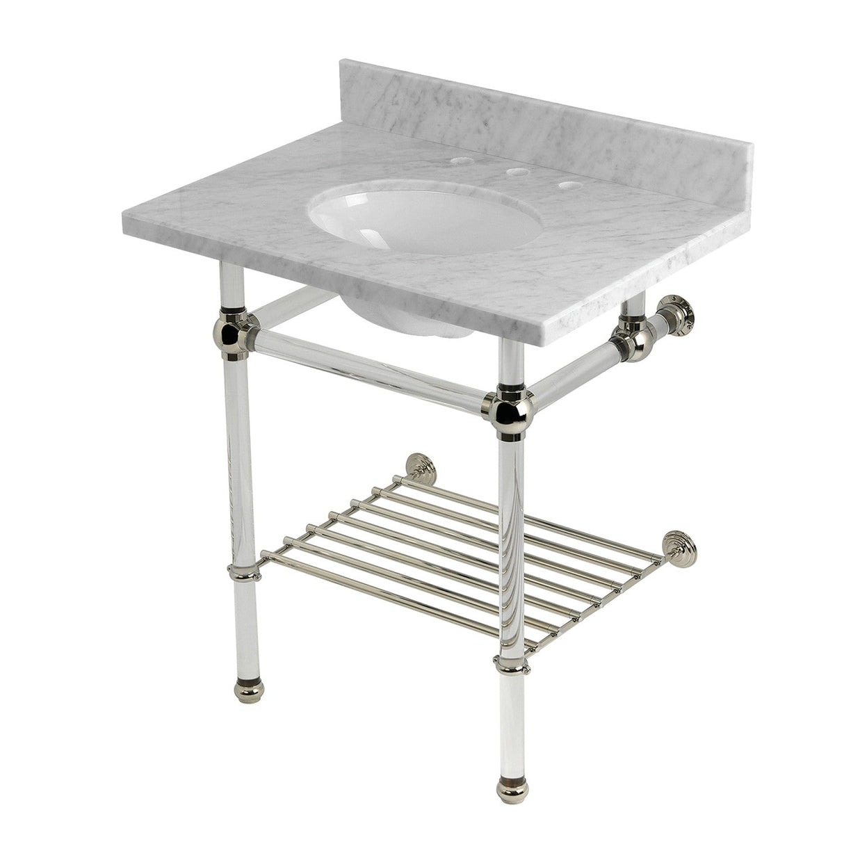 Templeton KVPB30MAB6 30-Inch Console Sink with Acrylic Legs (8-Inch, 3 Hole), Carrara Marble/Polished Nickel