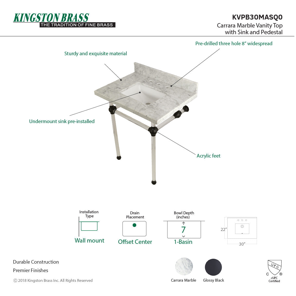 Fauceture KVPB30MASQ0 30-Inch Marble Console Sink with Acrylic Feet, Carrara Marble/Matte Black