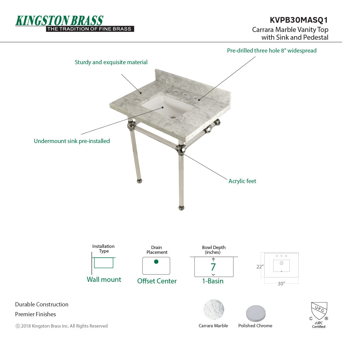 Fauceture KVPB30MASQ1 30-Inch Marble Console Sink with Acrylic Feet, Carrara Marble/Polished Chrome