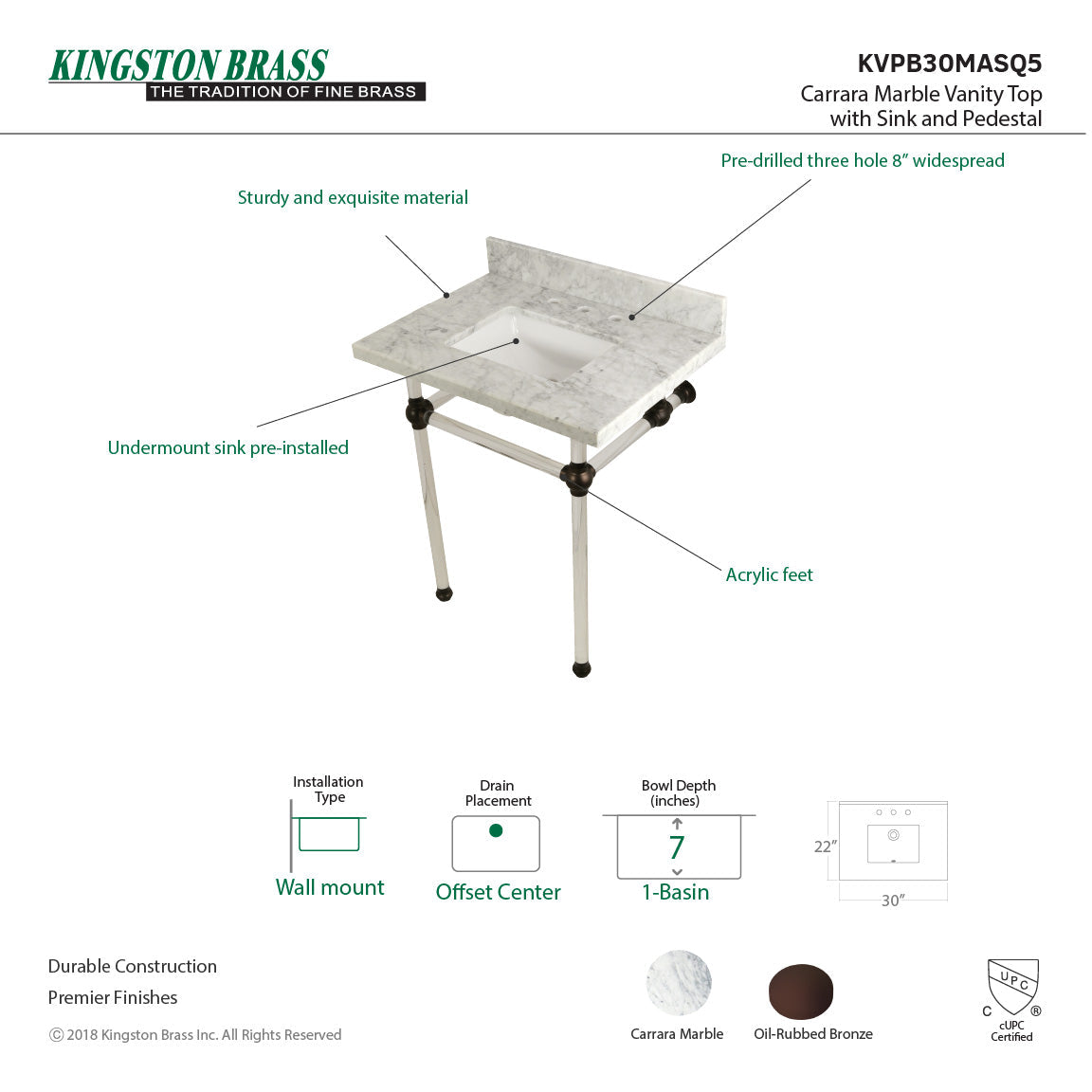 Fauceture KVPB30MASQ5 30-Inch Marble Console Sink with Acrylic Feet, Carrara Marble/Oil Rubbed Bronze