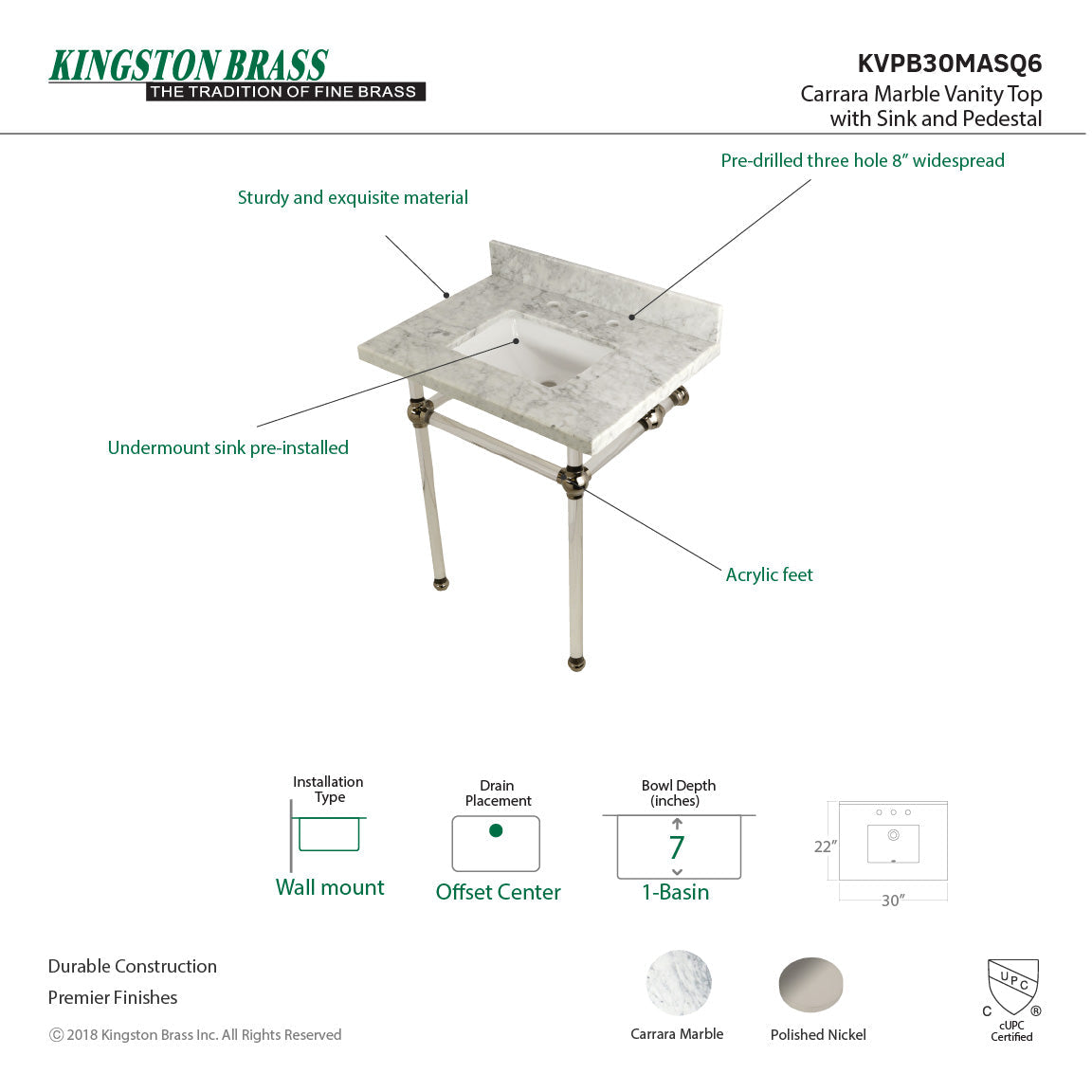 Fauceture KVPB30MASQ6 30-Inch Marble Console Sink with Acrylic Feet, Carrara Marble/Polished Nickel