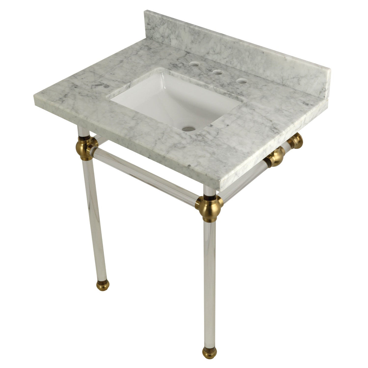 Fauceture KVPB30MASQ7 30-Inch Marble Console Sink with Acrylic Feet, Carrara Marble/Brushed Brass