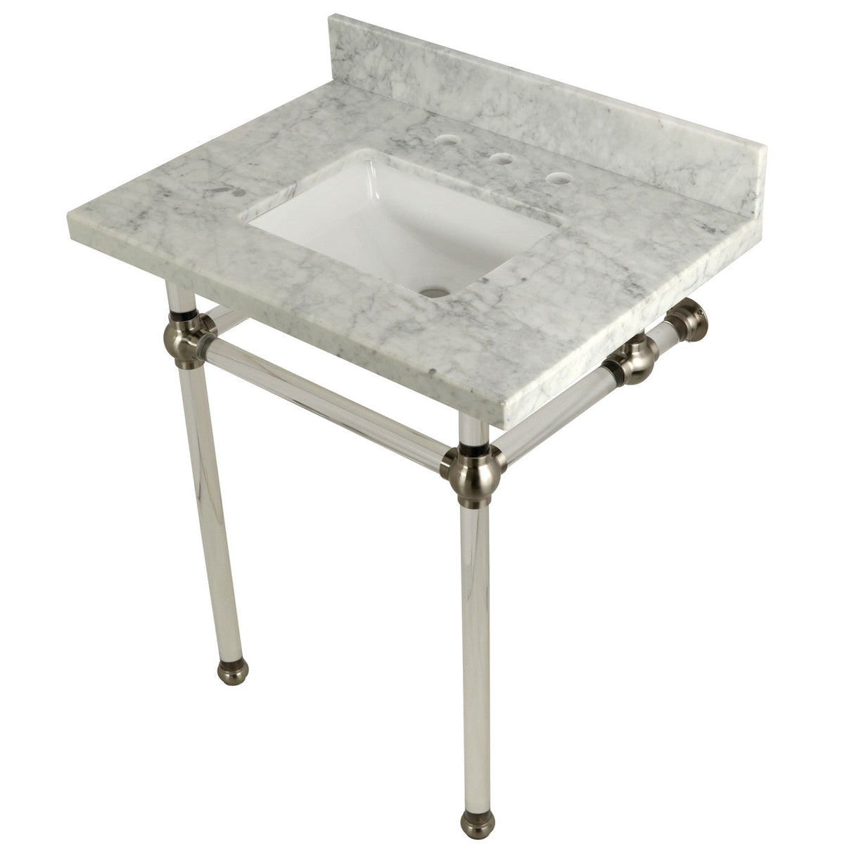 Fauceture KVPB30MASQ8 30-Inch Marble Console Sink with Acrylic Feet, Carrara Marble/Brushed Nickel