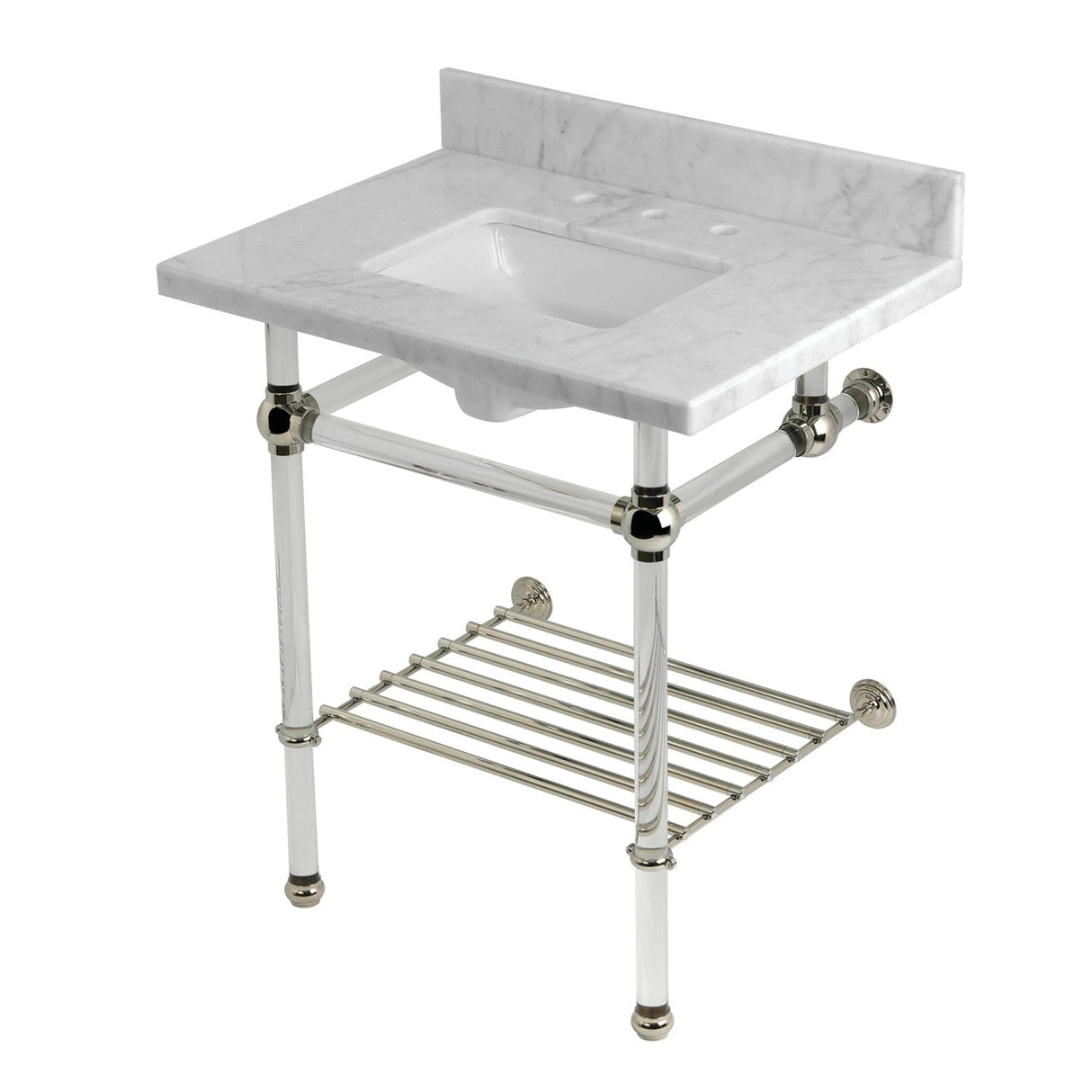 Templeton KVPB30MASQB6 30-Inch Console Sink with Acrylic Legs (8-Inch, 3 Hole), Carrara Marble/Polished Nickel