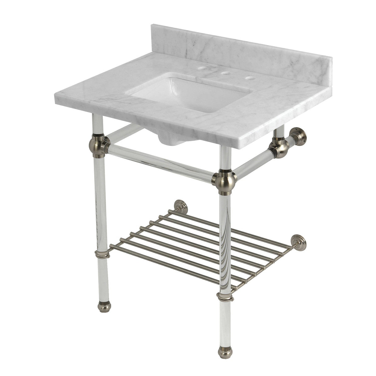 Templeton KVPB30MASQB8 30-Inch Console Sink with Acrylic Legs (8-Inch, 3 Hole), Carrara Marble/Brushed Nickel