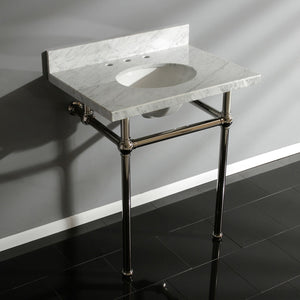 Fauceture KVPB30MB6 30-Inch Marble Console Sink with Brass Feet, Carrara Marble/Polished Nickel