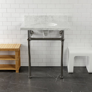 Fauceture KVPB30MB6 30-Inch Marble Console Sink with Brass Feet, Carrara Marble/Polished Nickel