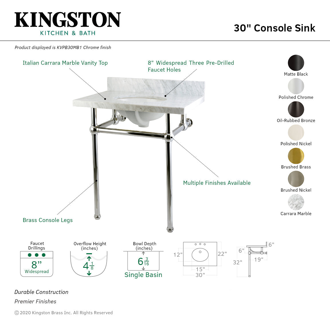 Fauceture KVPB30MB7 30-Inch Marble Console Sink with Brass Feet, Carrara Marble/Brushed Brass