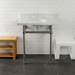 Fauceture KVPB30MB8 30-Inch Marble Console Sink with Brass Feet, Carrara Marble/Brushed Nickel
