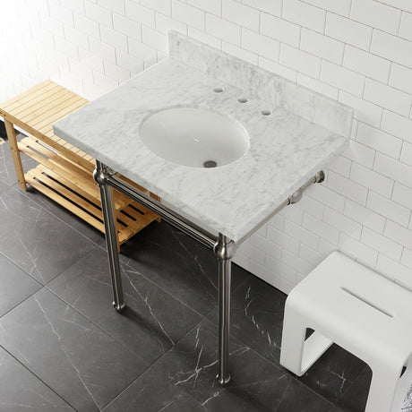 Fauceture KVPB30MB8 30-Inch Marble Console Sink with Brass Feet, Carrara Marble/Brushed Nickel