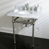 Fauceture KVPB30MB8 30-Inch Marble Console Sink with Brass Feet, Carrara Marble/Brushed Nickel