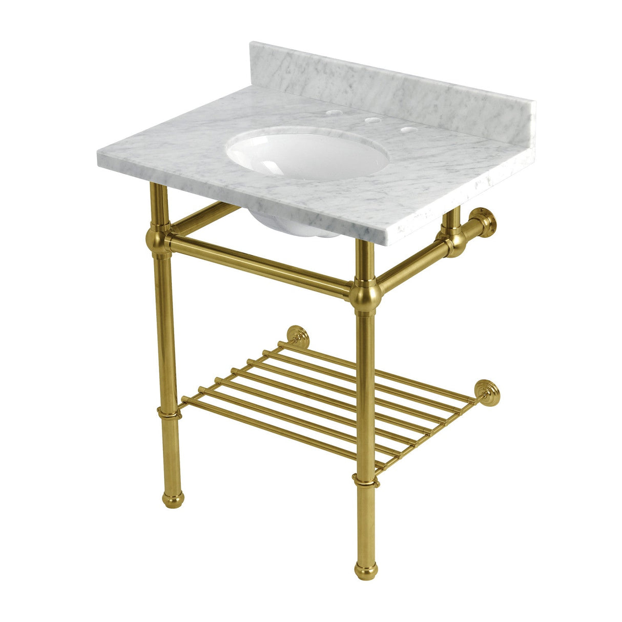 Templeton KVPB30MBB7 30-Inch Console Sink with Brass Legs (8-Inch, 3 Hole), Carrara Marble/Brushed Brass