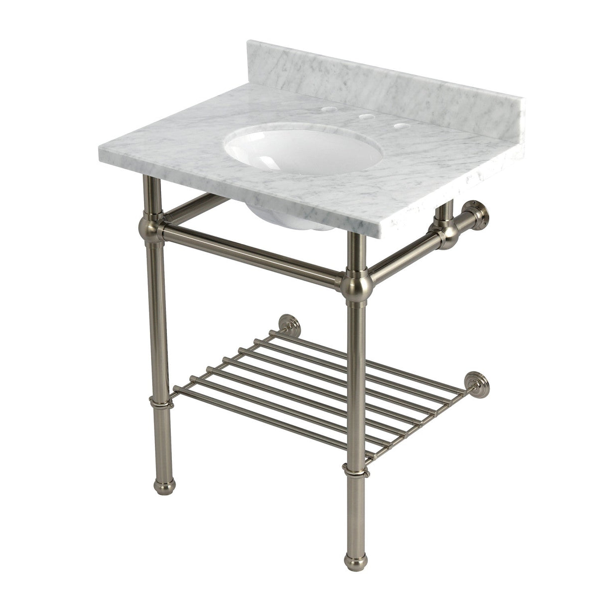 Templeton KVPB30MBB8 30-Inch Console Sink with Brass Legs (8-Inch, 3 Hole), Carrara Marble/Brushed Nickel