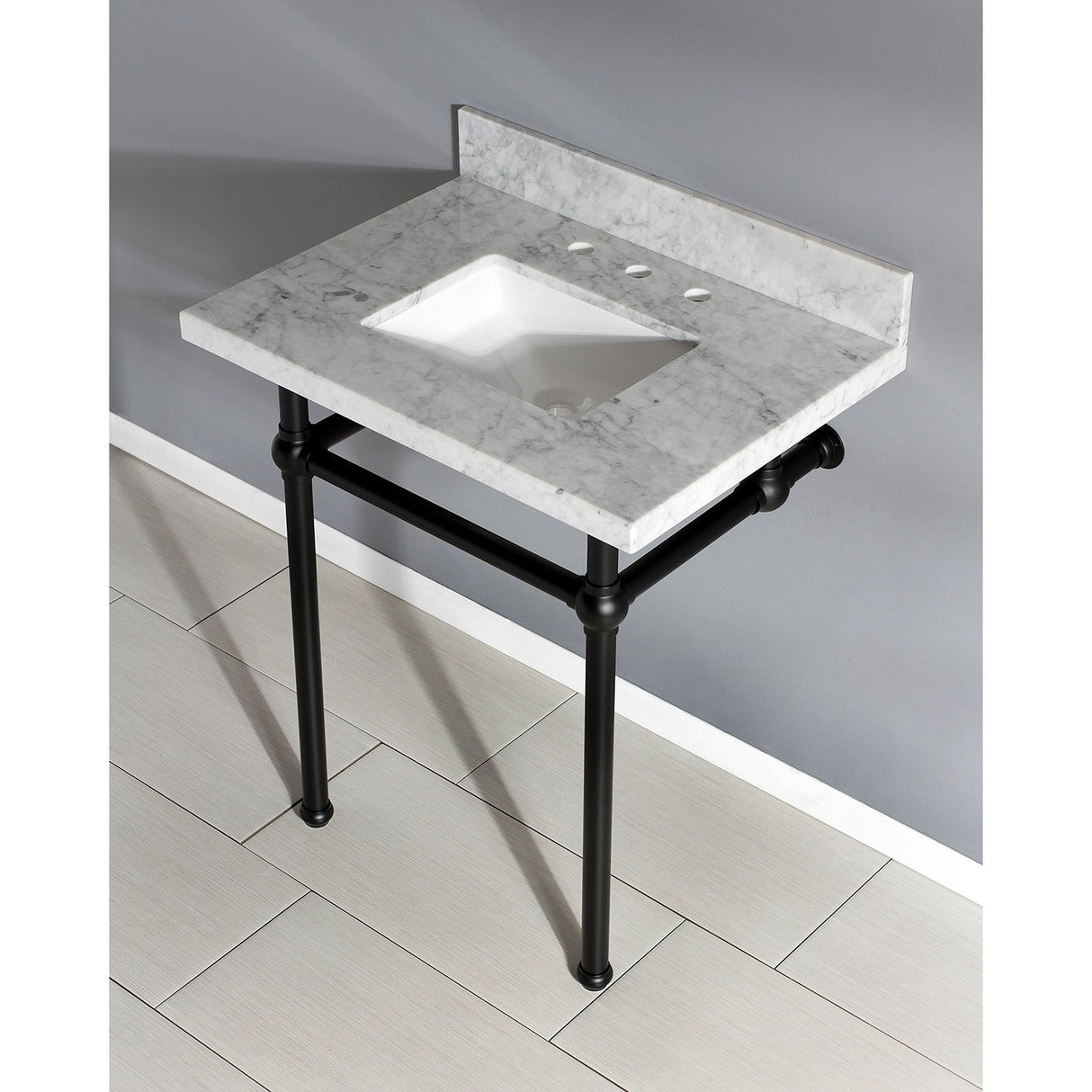 Fauceture KVPB30MBSQ0 30-Inch Marble Console Sink with Brass Feet, Carrara Marble/Matte Black