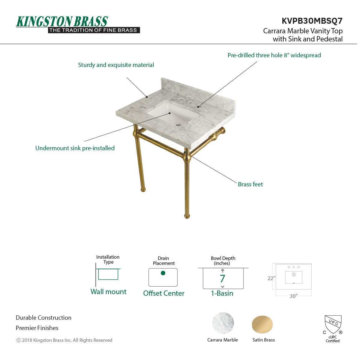 Fauceture KVPB30MBSQ7 30-Inch Marble Console Sink with Brass Feet, Carrara Marble/Brushed Brass