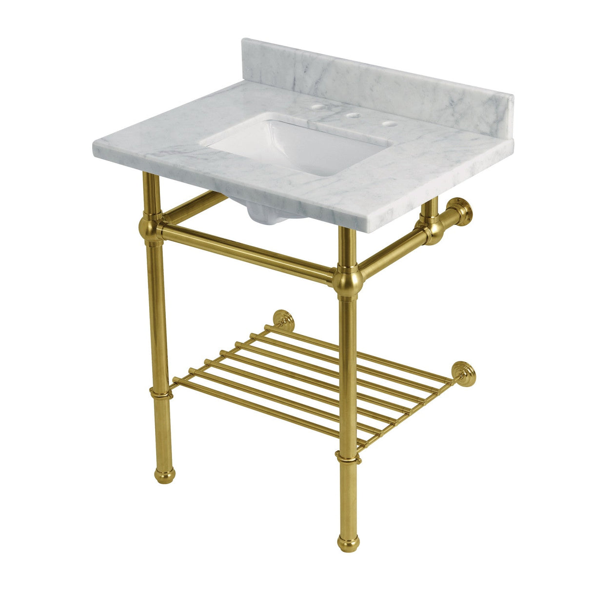 Templeton KVPB30MBSQB7 30-Inch Console Sink with Brass Legs (8-Inch, 3 Hole), Carrara Marble/Brushed Brass