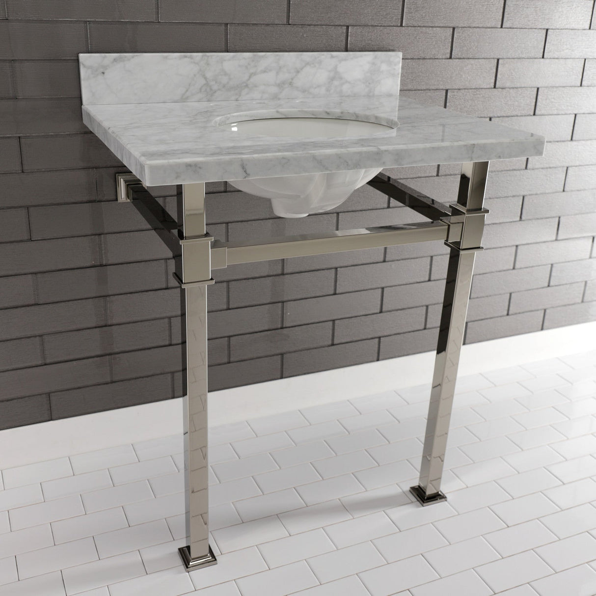 Fauceture KVPB30MOQ6 30-Inch Carrara Marble Console Sink, Marble White/Polished Nickel