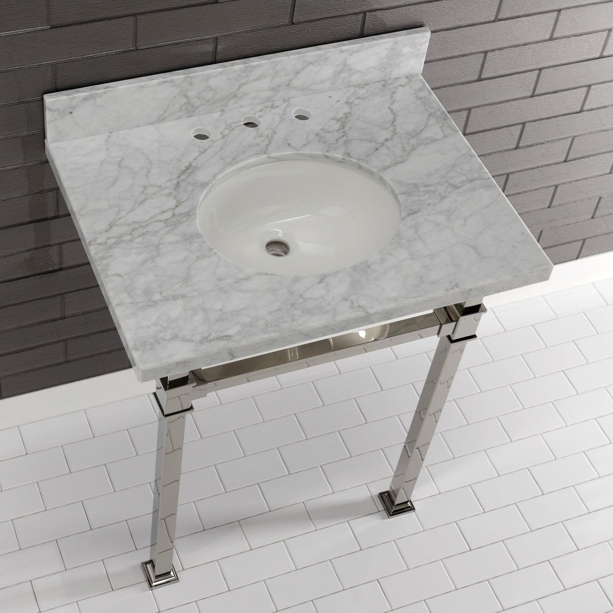 Fauceture KVPB30MOQ6 30-Inch Carrara Marble Console Sink, Marble White/Polished Nickel